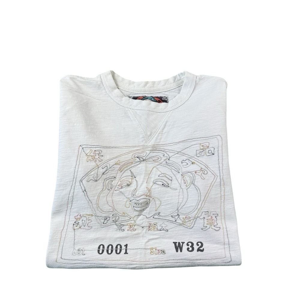 Evisu White Embroidered Y2K Mens Back Tag Graphic T Shirt Size Medium